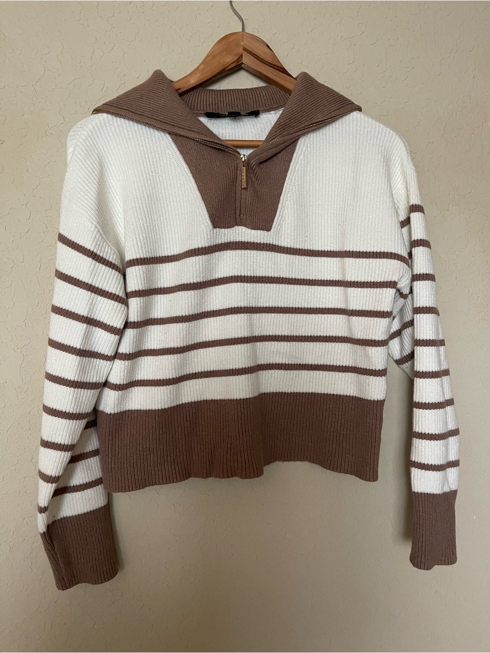 Marc New York Cream & Brown Striped Sailor Collar Half-Zip Sweater